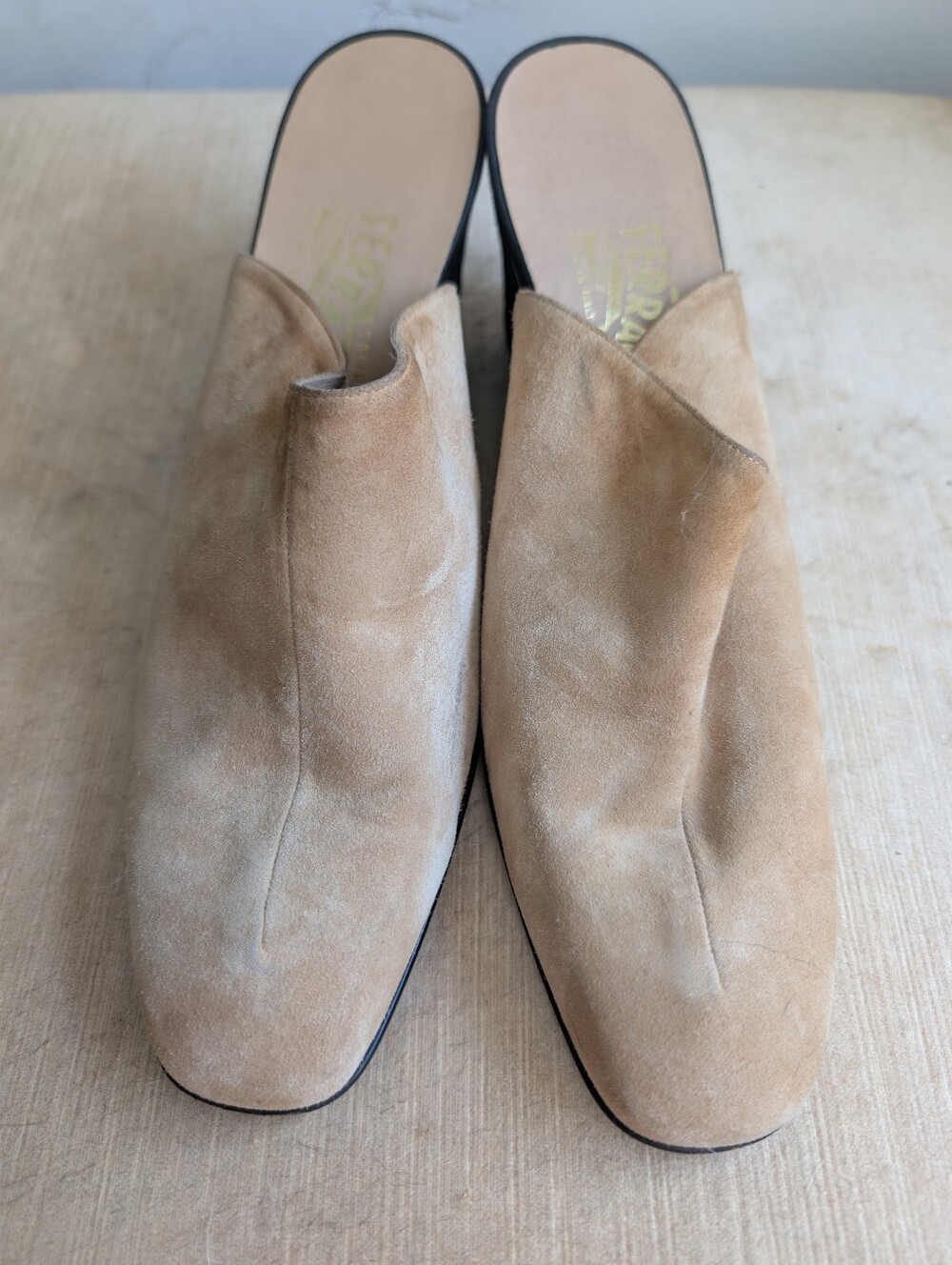 SALVATORE FERRAGAMO tan suede mules, made in Italy, size 9.5B, NWOT